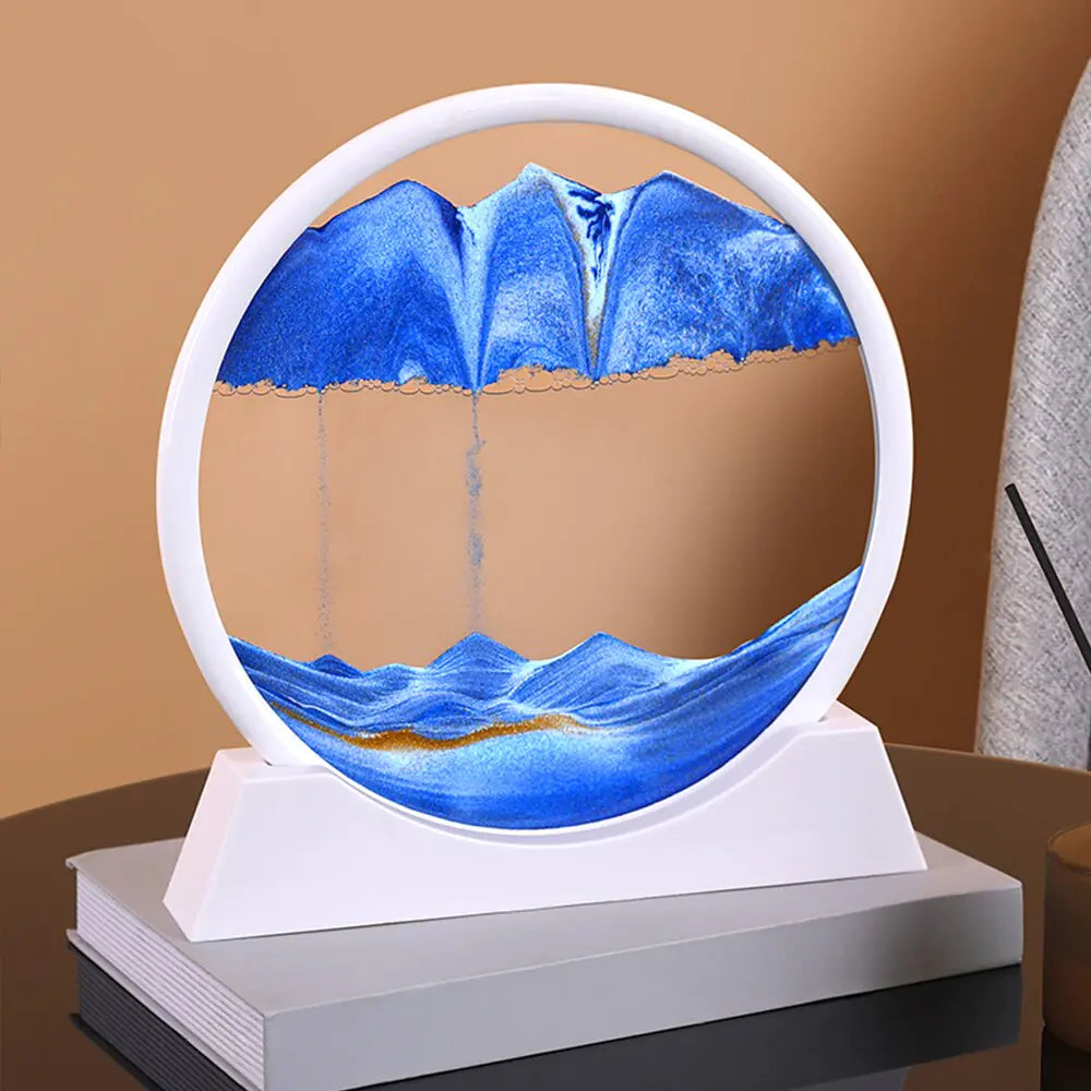 Decorative lamp with blue wave design on a white base against a brown background