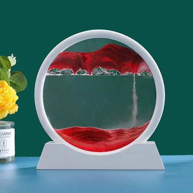 Circular decorative piece with red and green elements on a stand against a green background