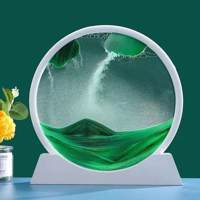 Round decorative piece with green landscape design on a stand against a green background