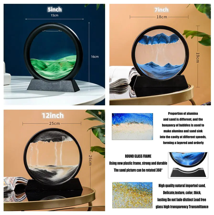 Three different sizes of a sand art display with measurements and descriptions.