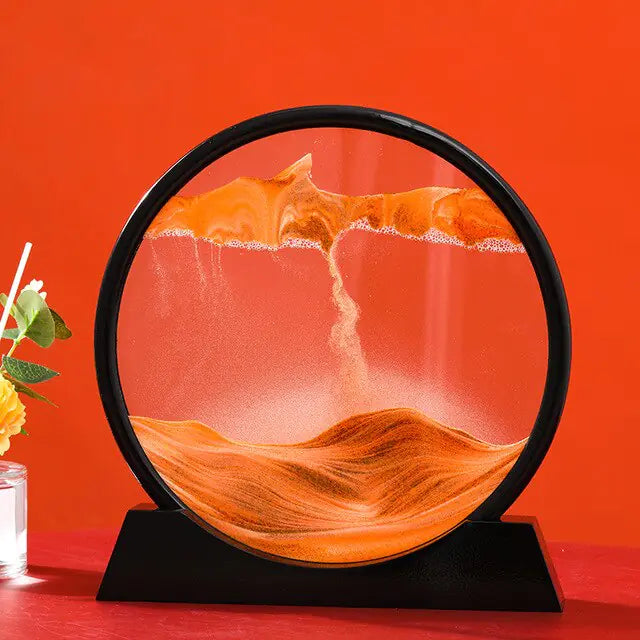 Round decorative item with orange and brown design on a black stand against an orange background