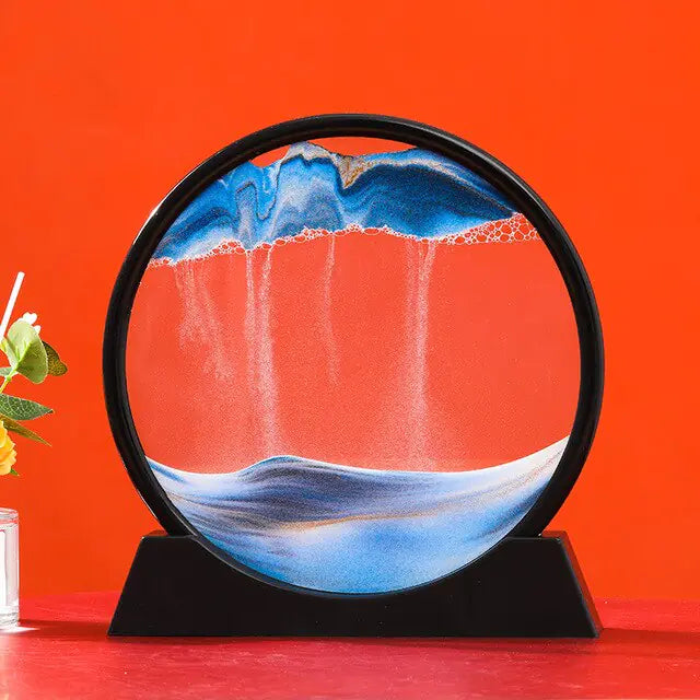 Round decorative item with blue and white design on a black stand against an orange background